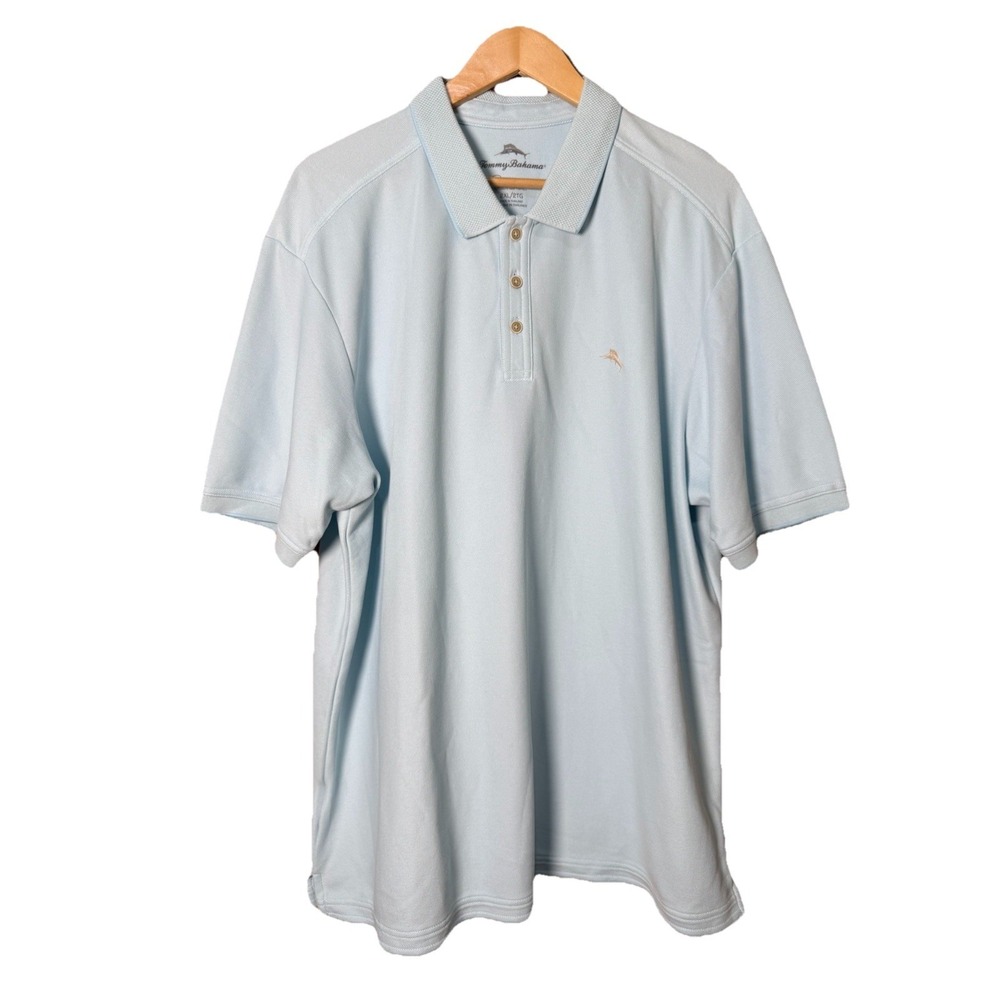 Tommy Bahama Emfielder 2.0 Polo Shirt Mens Tan Logo Lt Blue Short Sleeve XXL EUC - Picture 5 of 5